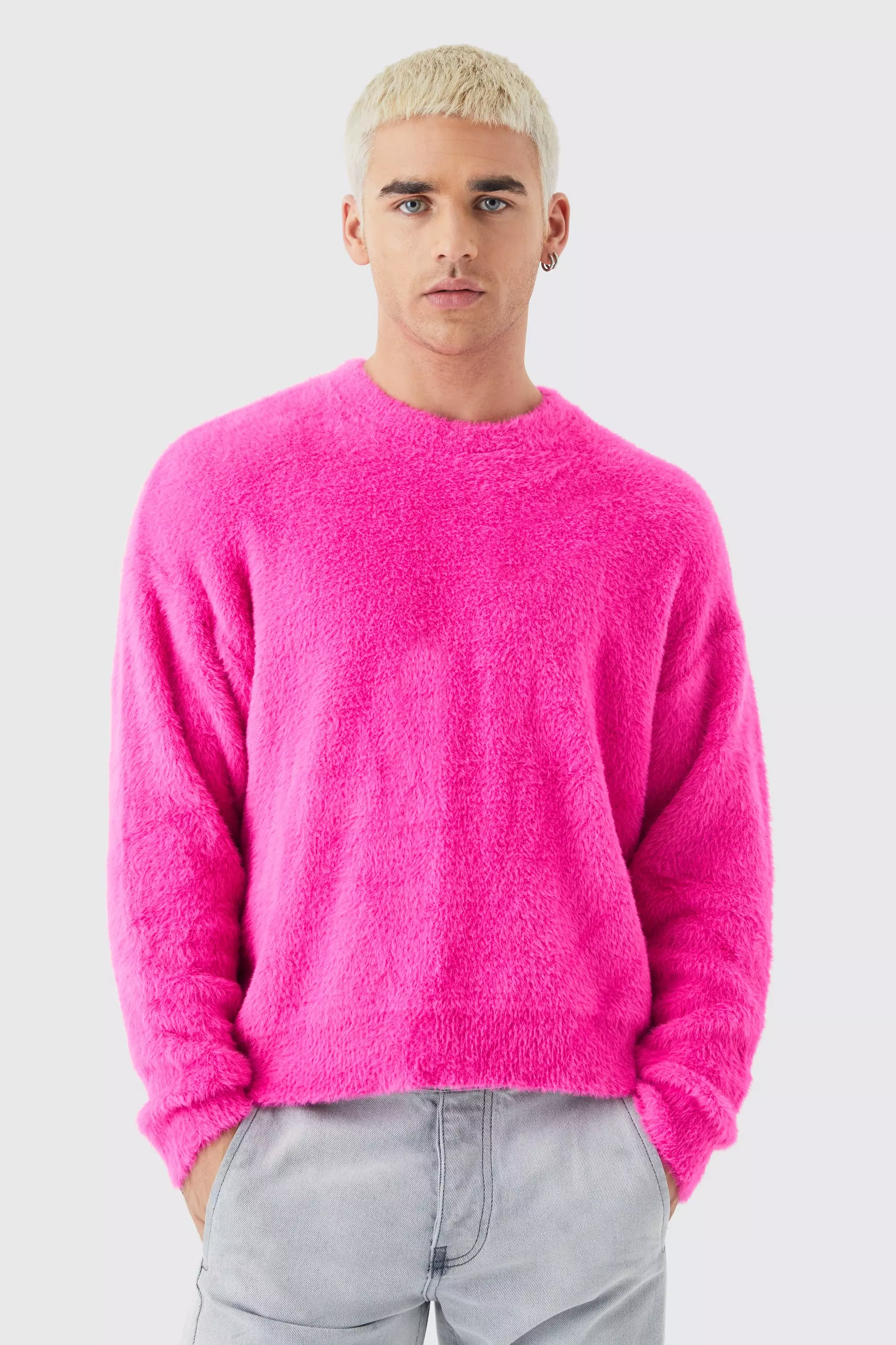 Boxy Crew Neck Fluffy Knitted Jumper